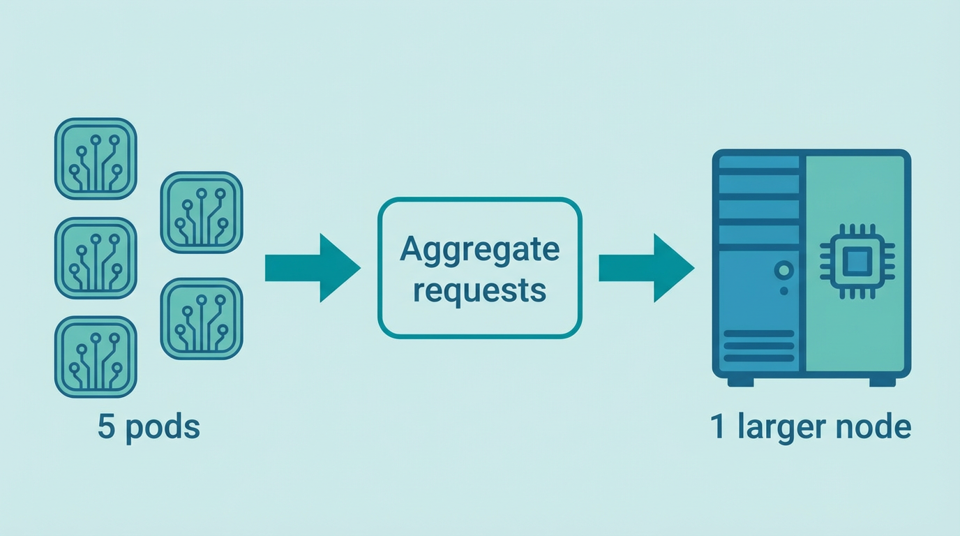 5 pods aggregate requests → 1 larger node provisioned