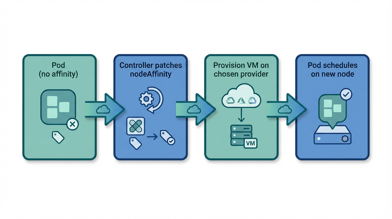 Flow: Pod without affinity → Controller patches nodeAffinity → Provision VM → Pod schedules on new node